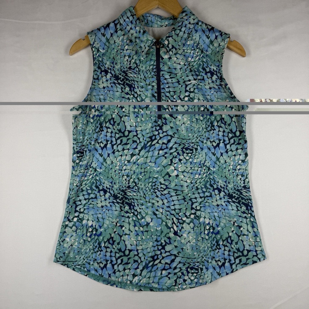 Jofit Women M Blue Green Print Sleeveless Golf Polo 1/4 Zip Athletic Top